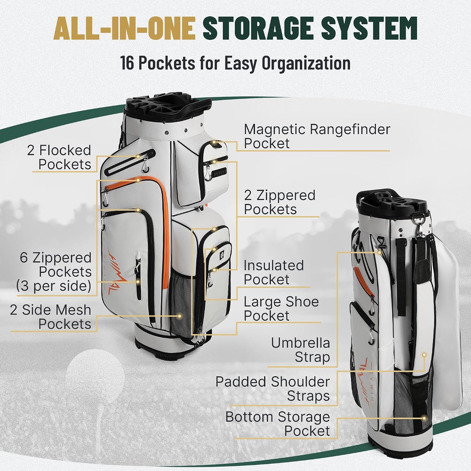 uniHimal Golf Cart Bag with 14-Way Full-Length Dividers, Golf Bag for Men Women with Magnetic Leather Pocket, Handles and Rain Cover, Lightweight Golf Club Bag Includes Cooler Pockets