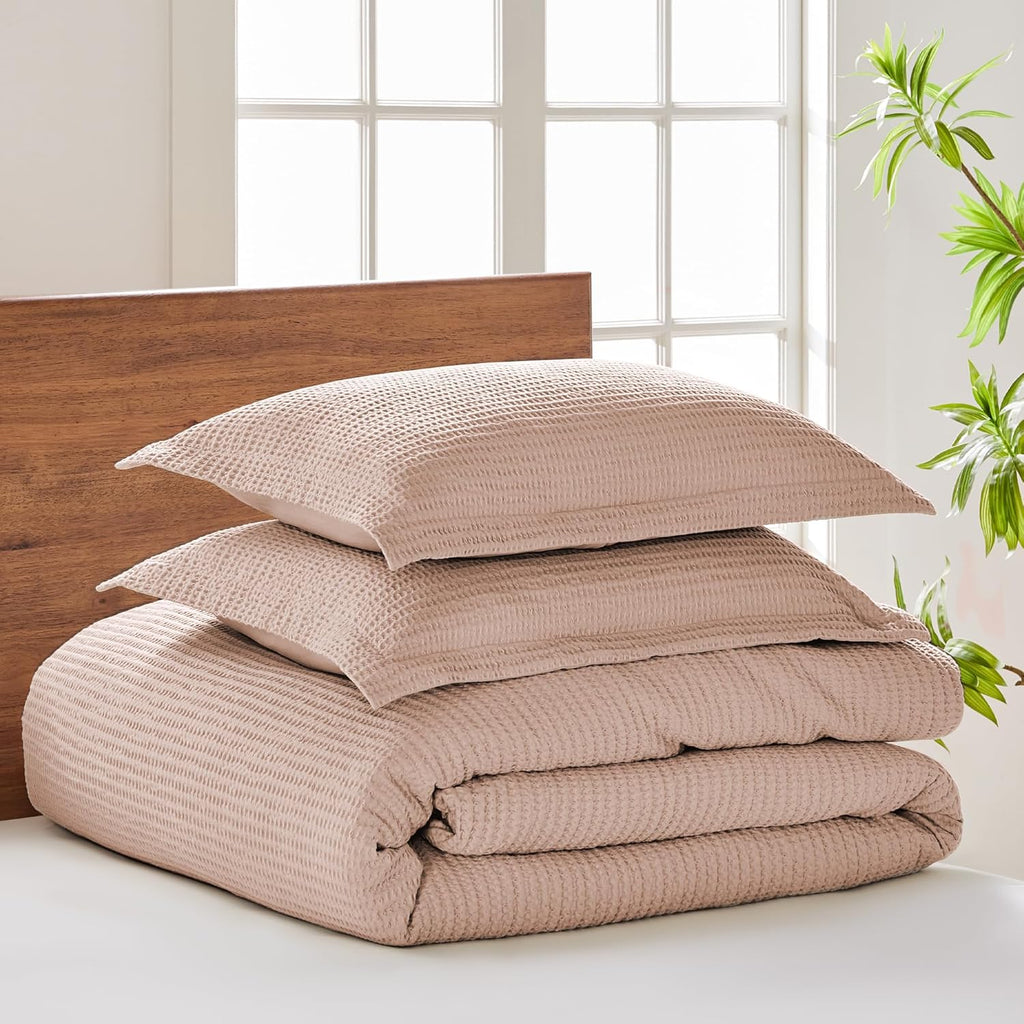 Levtex Home Cloud Waffle Queen Duvet Cover Set (90x94in) with 2 Pillow Shams (26x20in) - Solid Waffle Cotton Texture - Blush - 100% Cotton Queen Size Duvet Cover Set - Soft, Pre-Washed