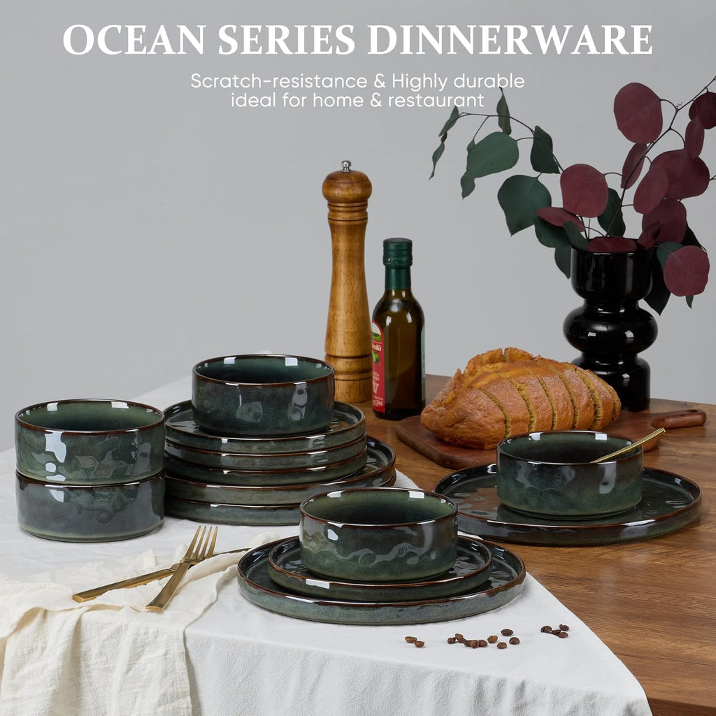 LIANYU Stoneware Dinnerware Dishes Sets for 8, 24 Piece Plates and Bowls Dishware Set, Ceramic Dinning Ware Includes Dinner Salad Plates, Cereal Bowls, Chip & Scratch Resistant,Moss Green