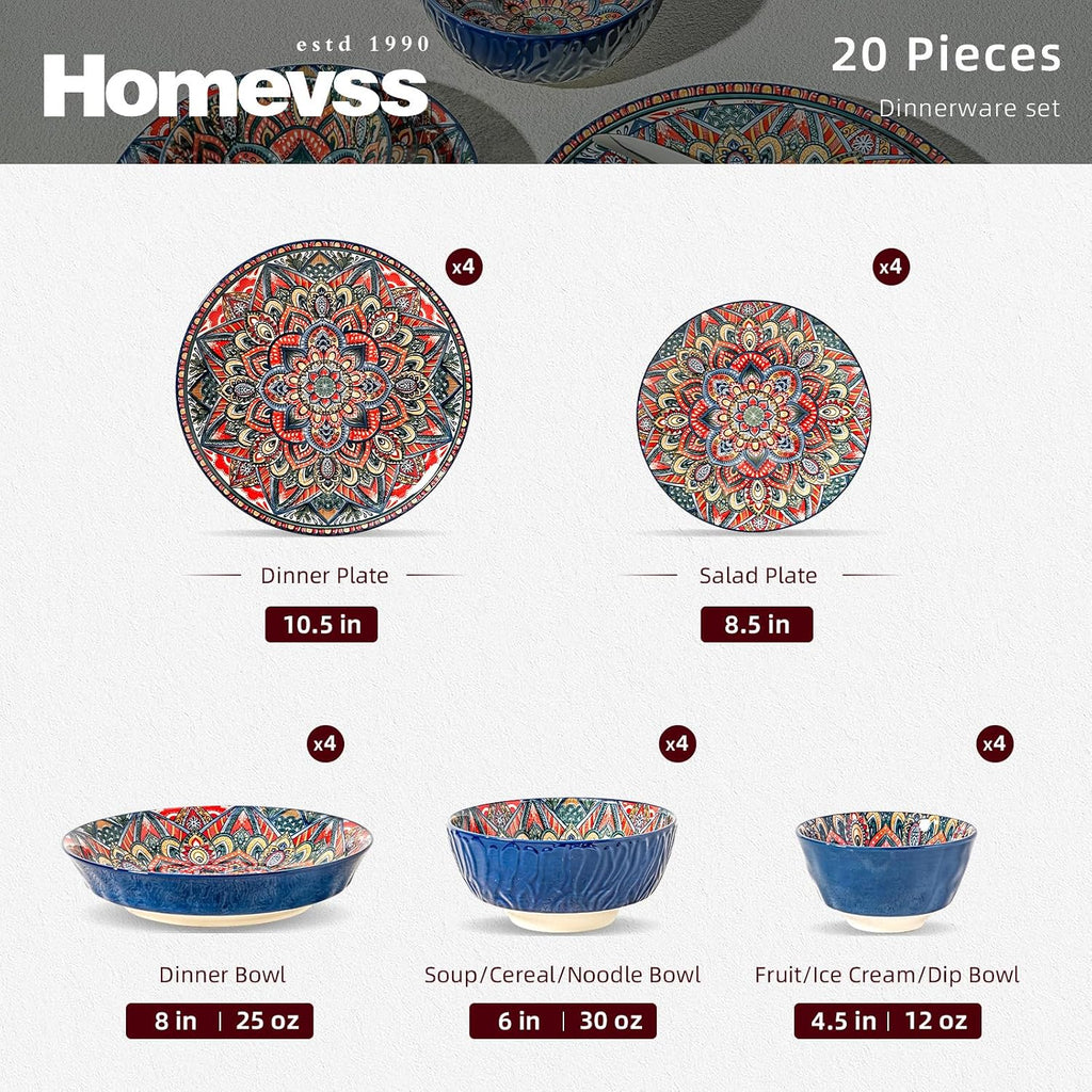 Homevss 20 Pieces Dinnerware Sets, Plates and Bowls Set, Porcelain Dishes Set for 4, Microwave and Dishwasher Safe, Scratch Resistant, Bohemian Style Dining Ware
