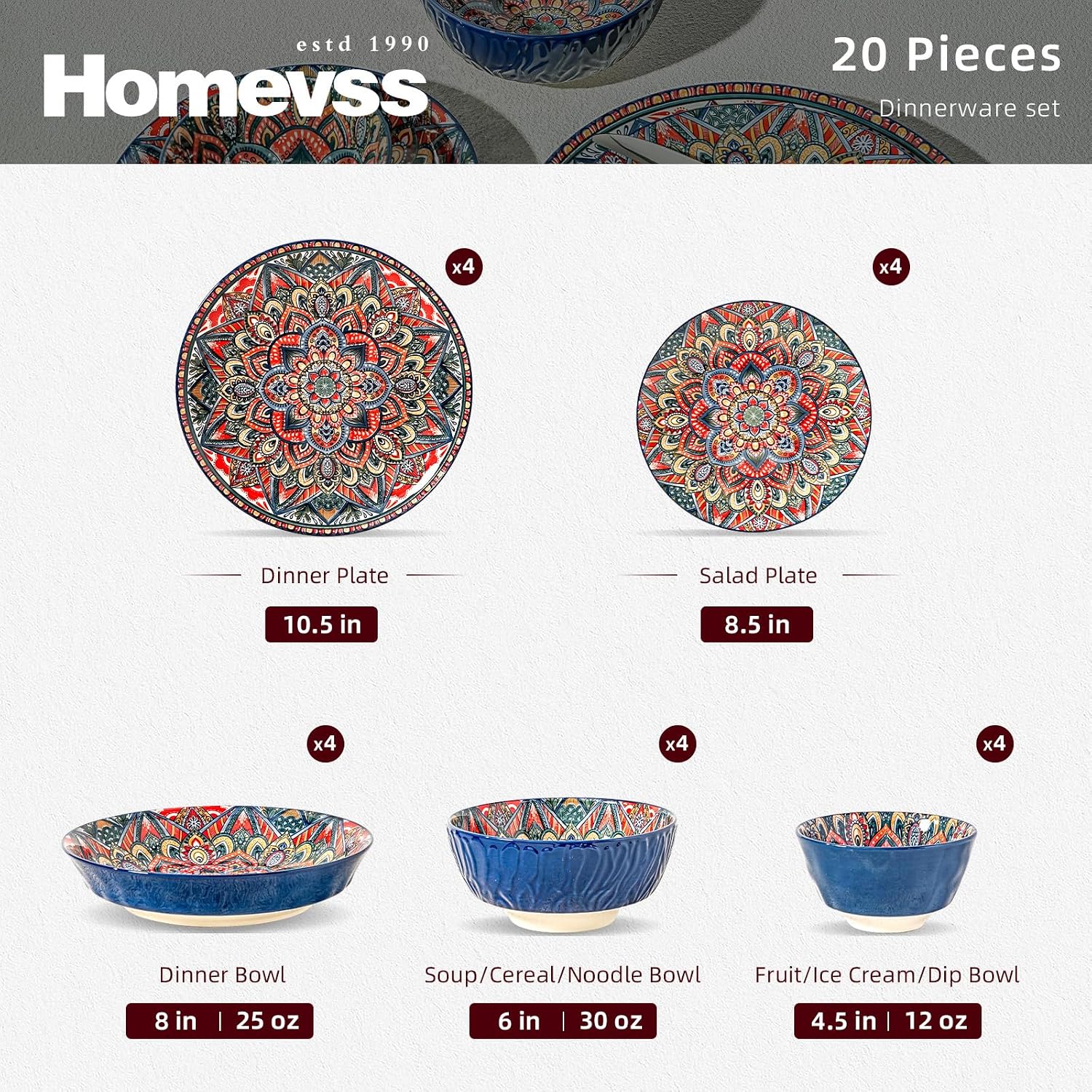 Homevss 20 Pieces Dinnerware Sets, Plates and Bowls Set, Porcelain Dishes Set for 4, Microwave and Dishwasher Safe, Scratch Resistant, Bohemian Style Dining Ware