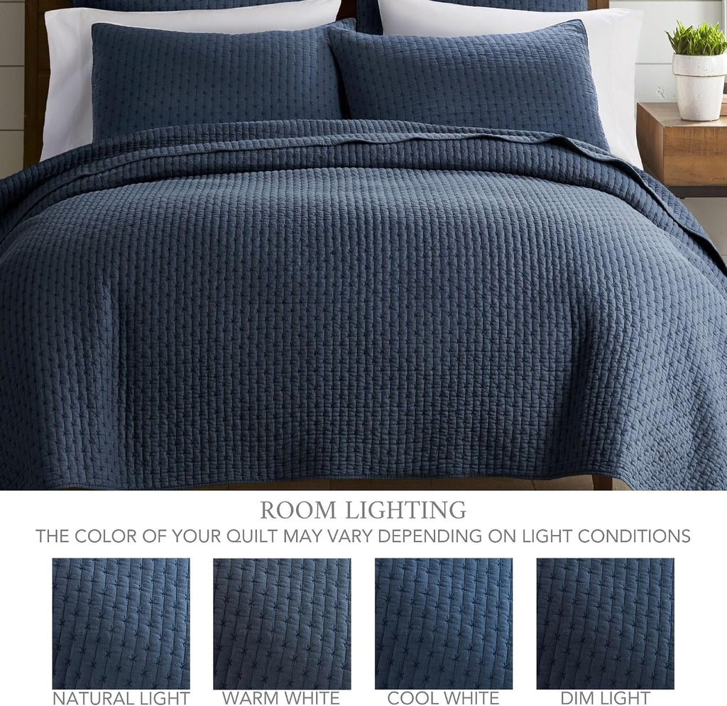 Levtex Home Cross Stitch Reversible Full Bedspread Set (100x104in) with 2 Pillow Shams (26x20in) - Stitch Texture - Navy - 100% Cotton Full Size Bedspread Set - Lightweight, Soft, Pre-Washed