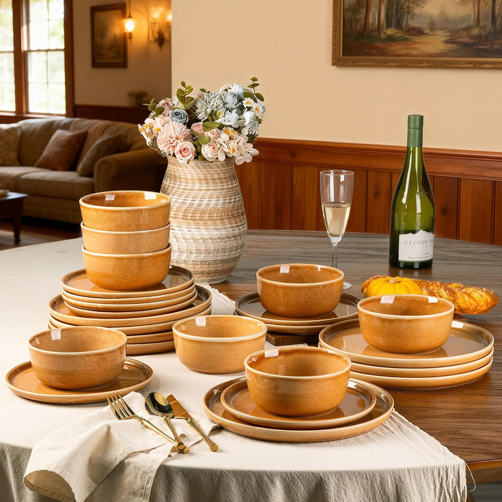 GBHOME Ceramic Dinnerware Sets for 8, 24 Pieces Stoneware Plates and Bowls Sets, Scratch Resistant Dishes, Dishwasher & Microwave Safe, Reactive Glaze-Amber