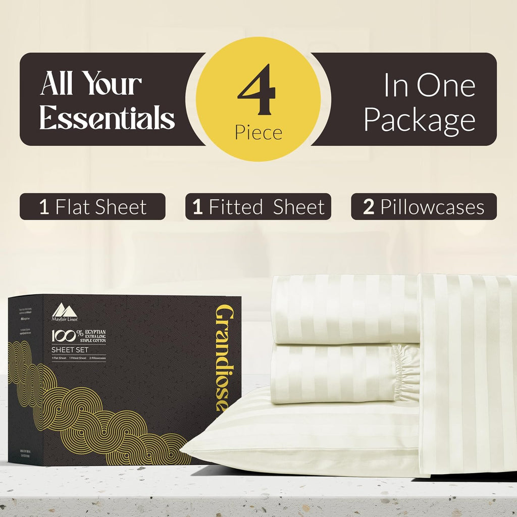 Mayfair Linen 100% Pure Egyptian Cotton Sheet King Size - Luxury 1000 Series Grandiose Collection Striped King Size Sheets Set (4 PC, Ivory - Stripe), 16' Deep Pocket Soft Cooling Hotel Bed Sheets Set