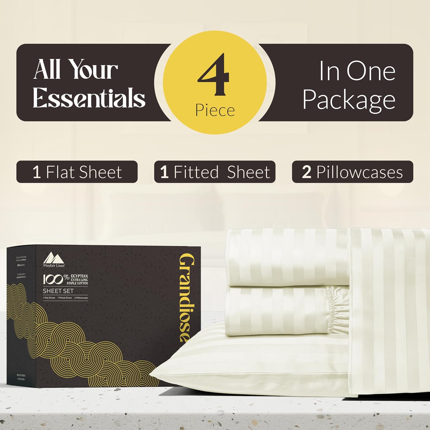 Mayfair Linen 100% Pure Egyptian Cotton Sheet King Size - Luxury 1000 Series Grandiose Collection Striped King Size Sheets Set (4 PC, Ivory - Stripe), 16' Deep Pocket Soft Cooling Hotel Bed Sheets Set