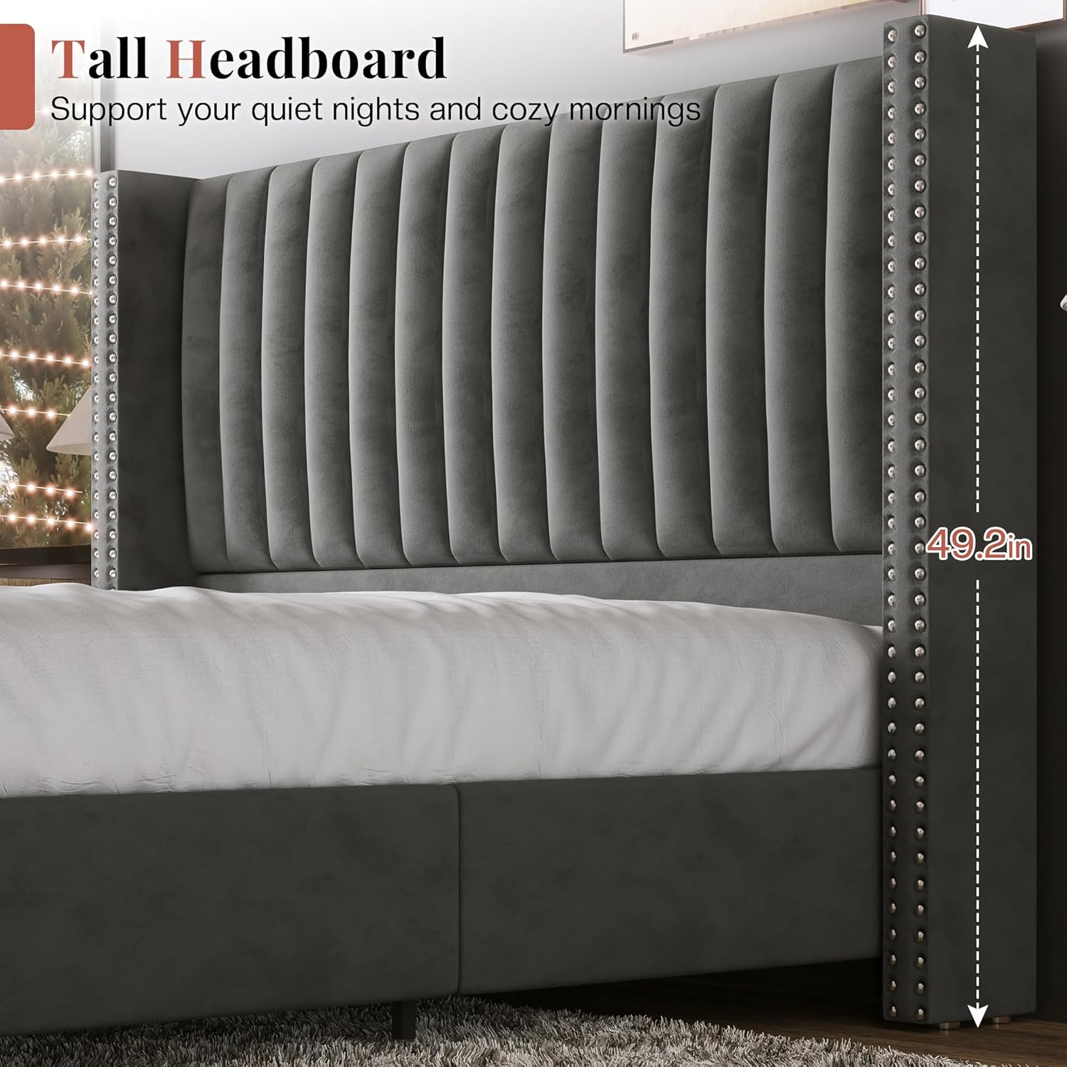Jocisland King Bed Frame with 49.2' Tall Wingback Headboard, Velvet Upholstered Platform Bed, No Box Spring Needed, Noise-Free, for Family with Kids, Pet Owners & Master Bedroom, Grey