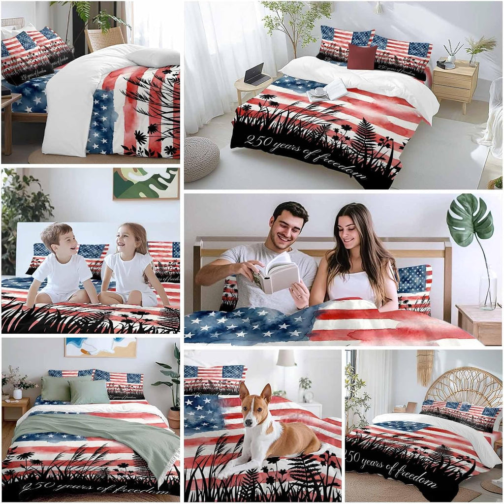 Prime Leader 250 Years of Freedom Duvet Cover Set Queen Size 4 Pieces Watercolor America Flag Plant Fower Bedding Set with Zipper Closure, 1 Comforter Cover 86x86 Inches 1 Flat Sheet & 2 Pillow Cases