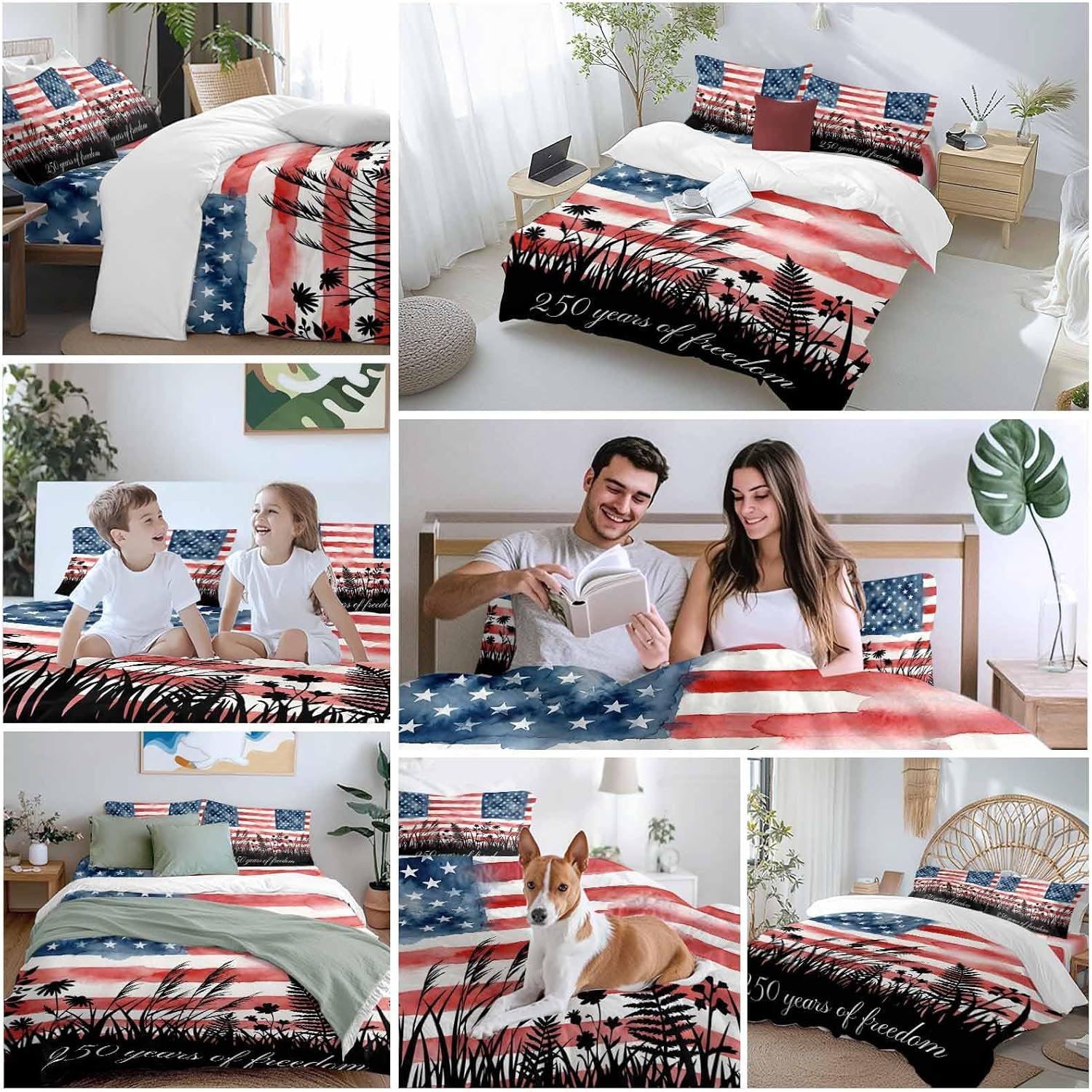 Prime Leader 250 Years of Freedom Duvet Cover Set Queen Size 4 Pieces Watercolor America Flag Plant Fower Bedding Set with Zipper Closure, 1 Comforter Cover 90x92 Inches 1 Flat Sheet & 2 Pillow Cases
