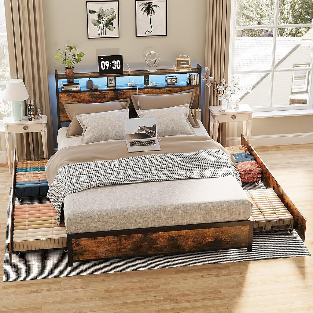 VINGLI King Size Bed Frame with 4 Storage Drawers and LED Headboard Shelves, Metal Platform Bed with Charging Station, No Box Spring Needed, Noise Free, Easy Assembly, Vintage Brown