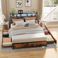 VINGLI King Size Bed Frame with 4 Storage Drawers and LED Headboard Shelves, Metal Platform Bed with Charging Station, No Box Spring Needed, Noise Free, Easy Assembly, Vintage Brown