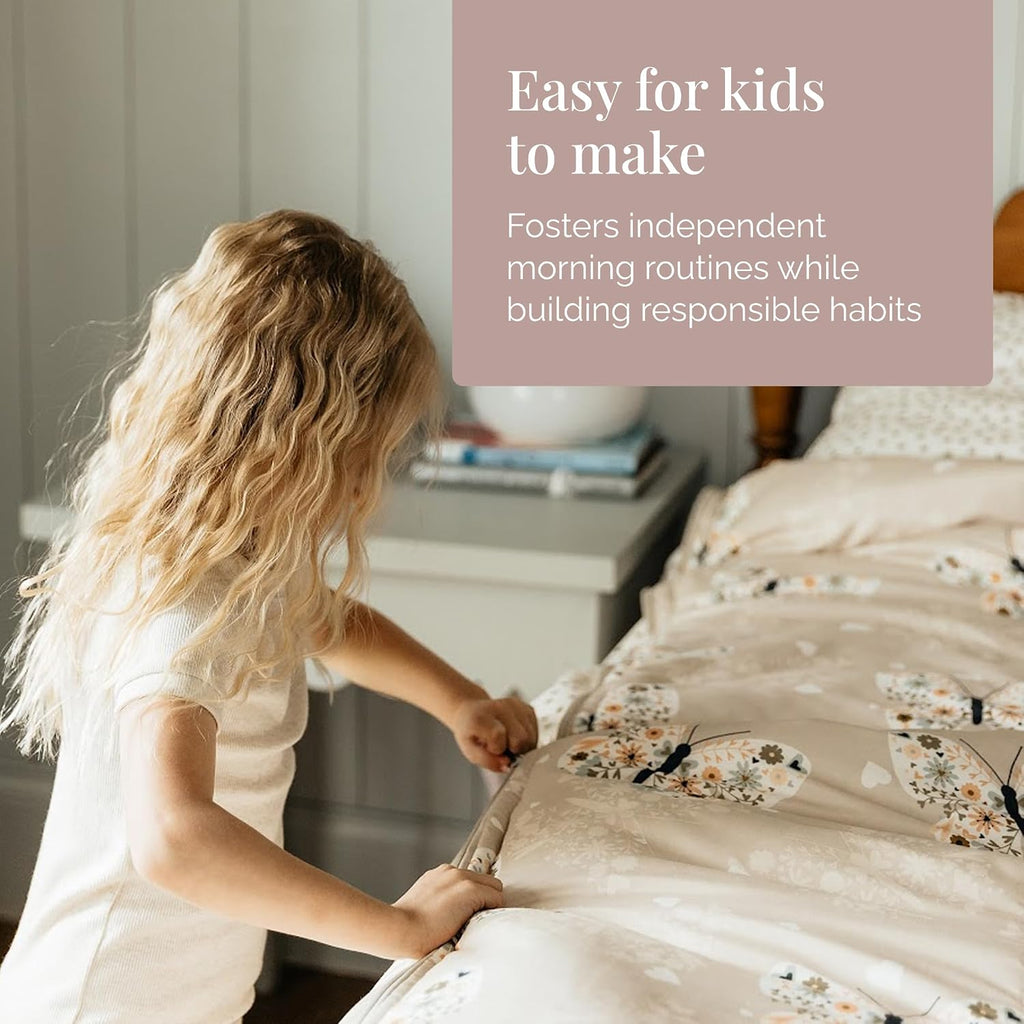 Beddy's Butterfly Themed Durable Zipper Bedding for Kids - Bed in a Bag - Beige Sheets & Comforter with Butterflies, Hearts & Floral Design - Includes Pillowcase & Sham - Easy to Make & Wash - Twin