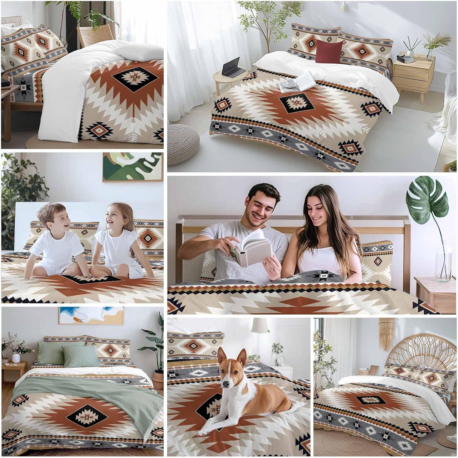 Aztec Southwestern Duvet Cover Set Queen Size 4 Pieces Ethnic Tribal Style Geometric Orange Khaki Bedding Set with Zipper Closure, 1 Comforter Cover 90x92 Inches 1 Flat Sheet & 2 Pillow Cases