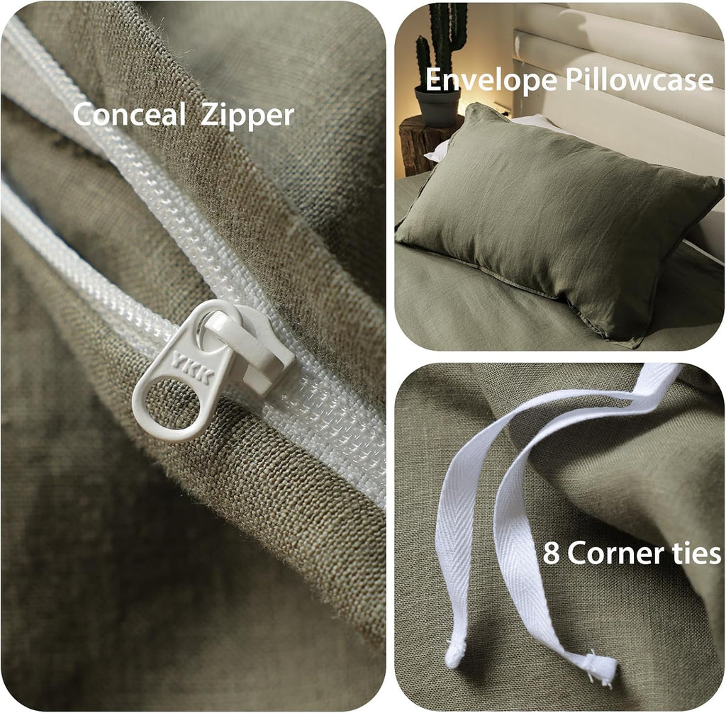 XZ XIFA Olive Green Linen Duvet Cover Twin, 100% Washed French Flax Linen Bedding Set with Zipper Closure, Cooling & Textured Bed Sets for Hot Sleepers(1 Duvet Cover, 1 Pillowcases)