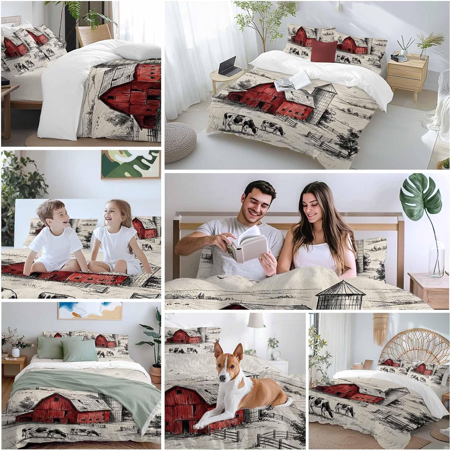 Farmhouse Duvet Cover Set Queen Size 4 Pieces Pastoral Landscape Watercolor Barn Farm Dairy Cow Retro Bedding Set with Zipper Closure, 1 Comforter Cover 86x86 Inches 1 Flat Sheet & 2 Pillow Cases