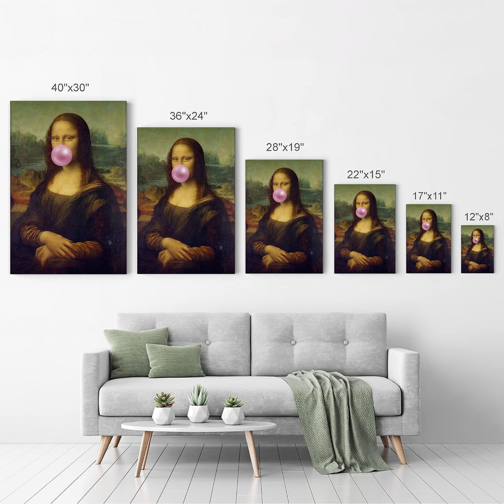 Smile Art Design Leonardo Da Vinci's Masterpiece Mona Lisa Pink Bubble Gum Art CANVAS PRINT Famous Paintings Wall Art Classic Art Home Decor Stretched Ready to Hang Made in USA 36x24
