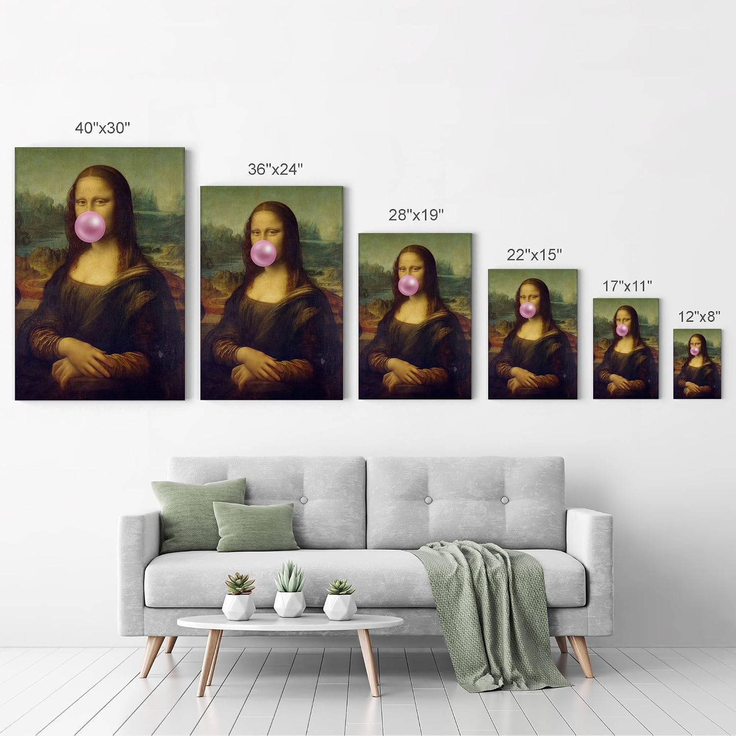 Smile Art Design Leonardo Da Vinci's Masterpiece Mona Lisa Pink Bubble Gum Art CANVAS PRINT Famous Paintings Wall Art Classic Art Home Decor Stretched Ready to Hang Made in USA 36x24