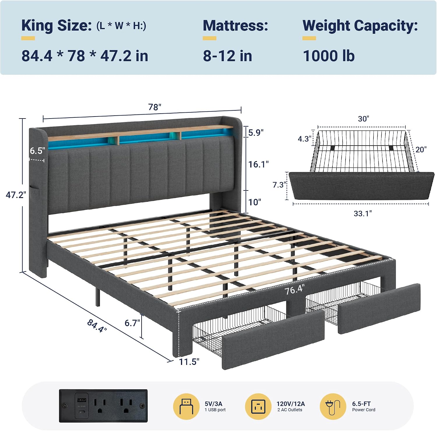 Allewie King Size Bed Frame with 2-Tier LED Storage Headboard, Upholstered King Platform Bed Frame with 2 Storage Drawers, USB & Type-C Charging Ports, Noise-Free/No Box Spring Needed, Dark Grey