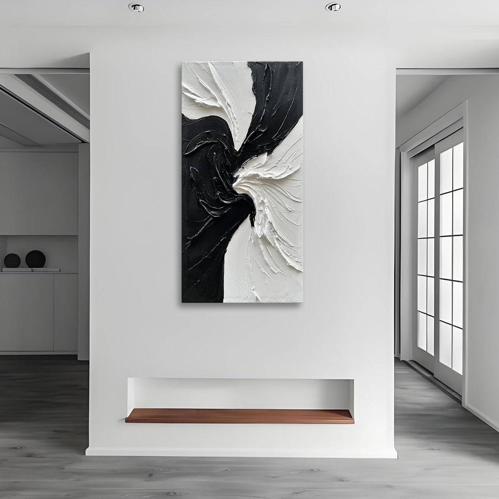 Art Hand-Painted White and Black Texture Abstract Art Oil Painting Modern Minimalist Art Painter Living Office Corridor Wall Art Deco 48x24 inches