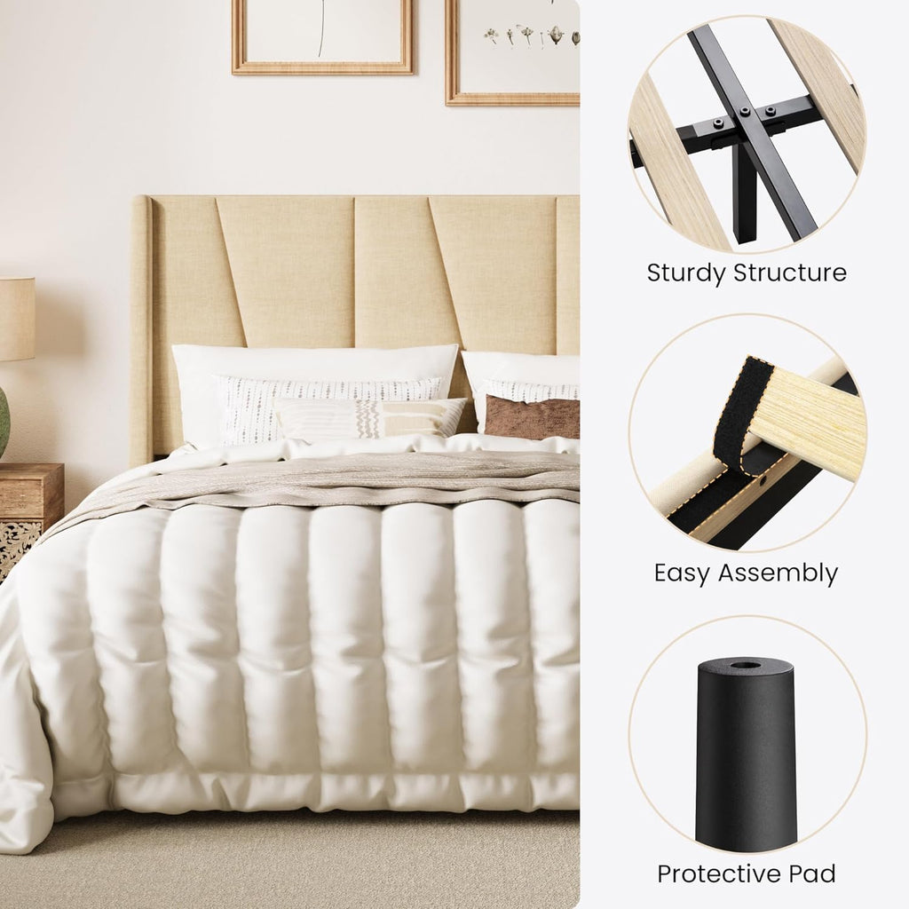 SHA CERLIN Full Size Bed Frame with Geometric Wingback Headboard, Upholstered Platform Bed with Wooden Slats Support, 8' Under-Bed Space, No Box Spring Needed, Easy Assembly, Beige