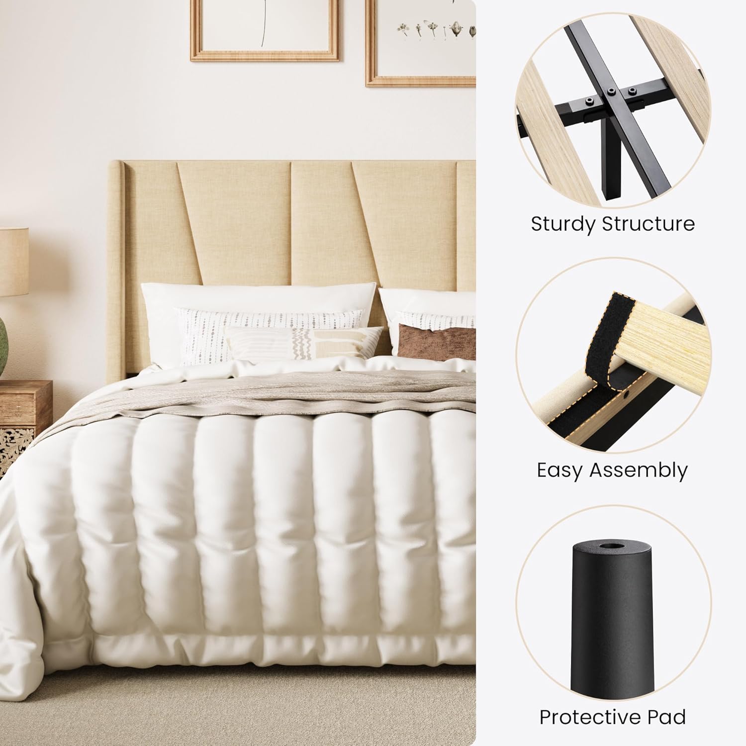 SHA CERLIN Full Size Bed Frame with Geometric Wingback Headboard, Upholstered Platform Bed with Wooden Slats Support, 8' Under-Bed Space, No Box Spring Needed, Easy Assembly, Beige