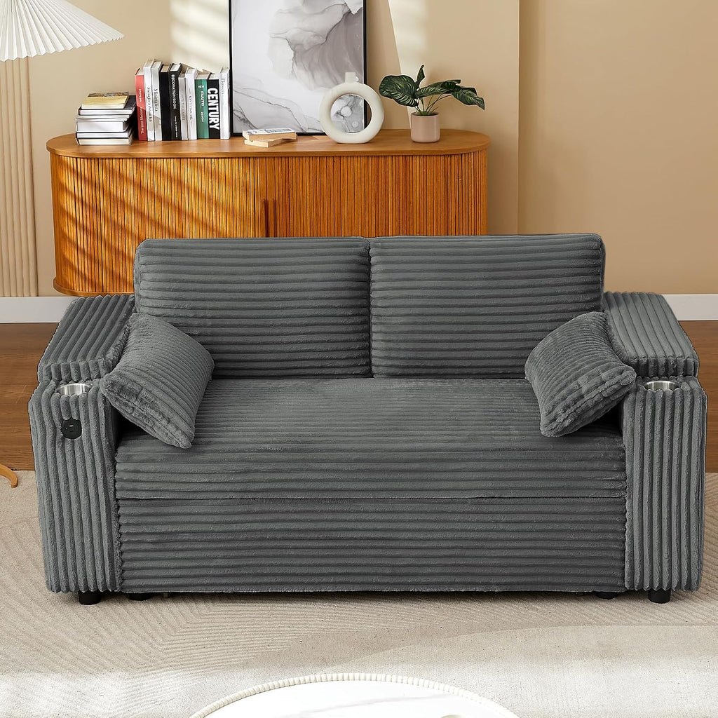 hansones 68.11' Corduroy Sleeper Chair Bed with USB Port, Cup Holders & Side Storage Pockets – 3-in-1 Foldable Sofa Bed for Guest Room, Living Room (ZY-1110-Dark Gray)