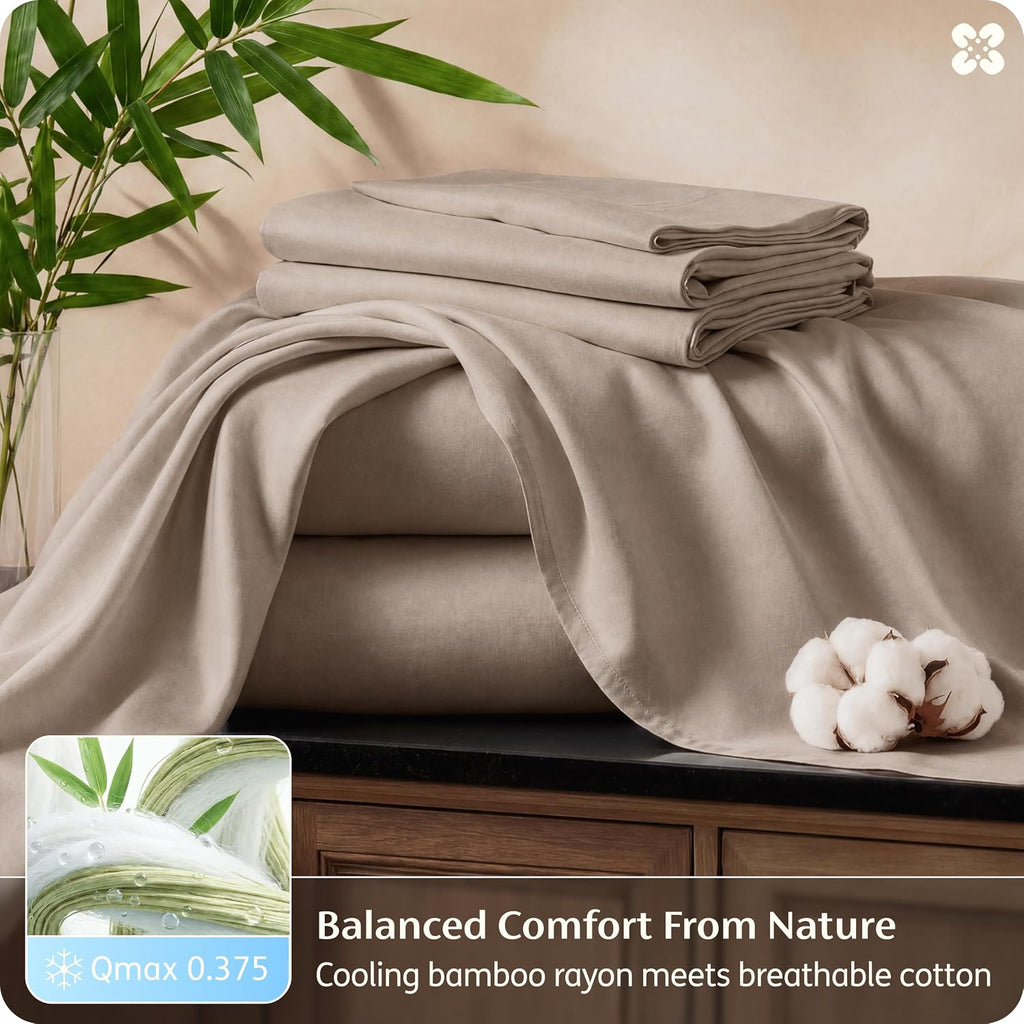 Bedsure Bamboo Viscose Cooling Sheets, Rayon Cotton Serene Blend, PureWoven, Breathable & Buttery Soft King Size Sheets Set, Deep Pocket Up to 18', Hotel Luxury Bedding for Hot Sleepers, Simply Taupe