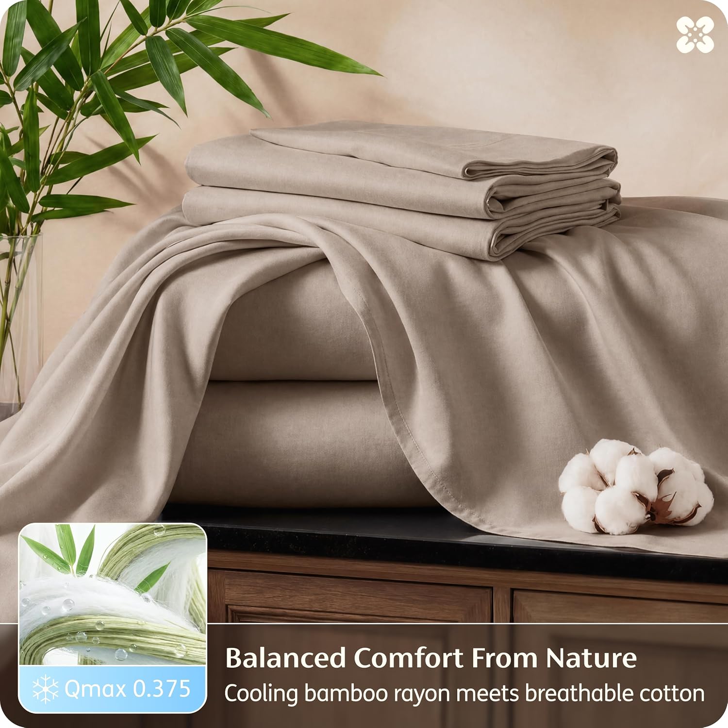 Bedsure Bamboo Viscose Cooling Sheets, Rayon Cotton Serene Blend, PureWoven, Breathable & Buttery Soft King Size Sheets Set, Deep Pocket Up to 18', Hotel Luxury Bedding for Hot Sleepers, Simply Taupe
