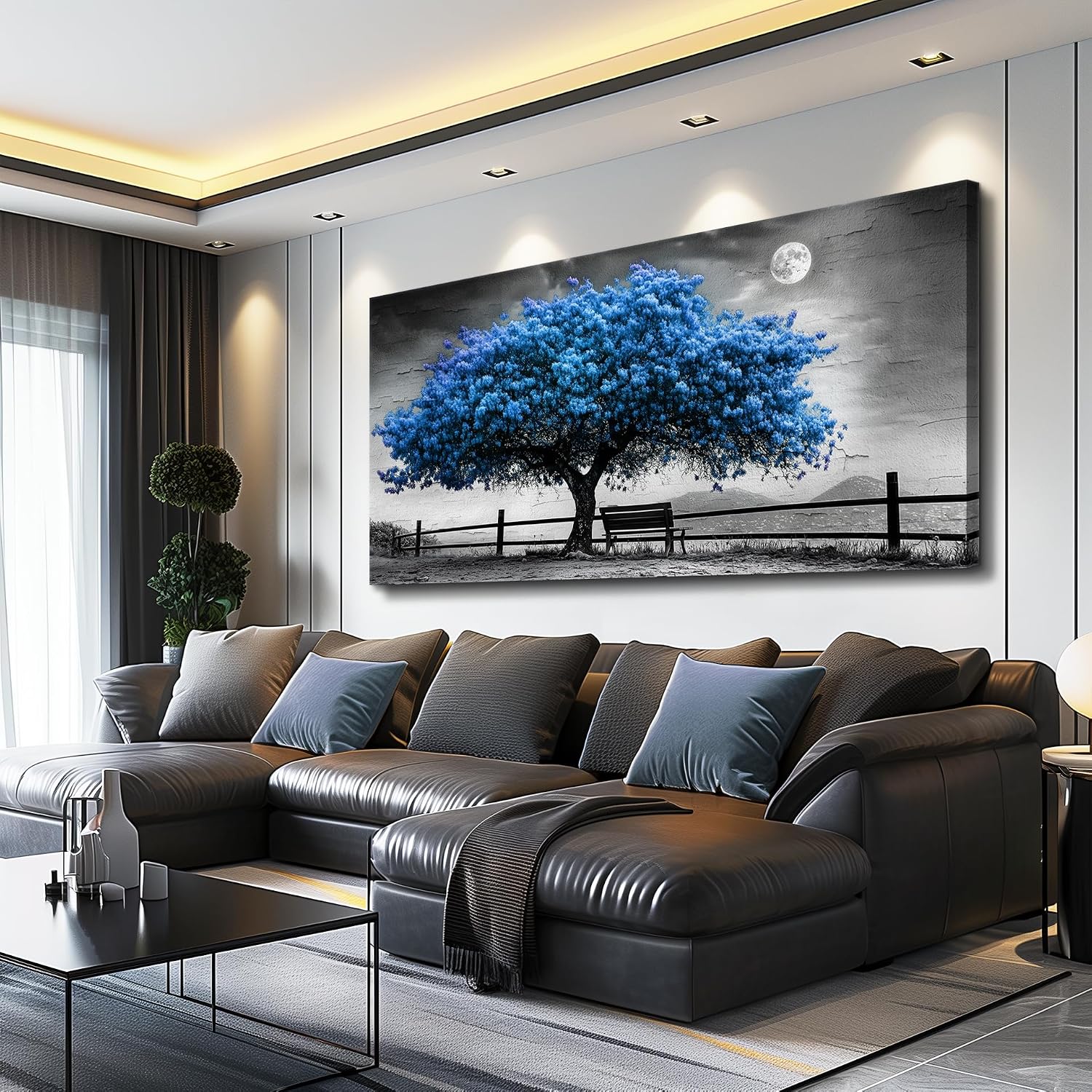 FUHAIHUA Canvas Wall Art For Living Room Large Wall Decor For Office Bedroom Decorations Black And White Landscape Pictures Blue Tree Painting Artwork Room Wall Mural Aesthetic Home Decor 30x60 In