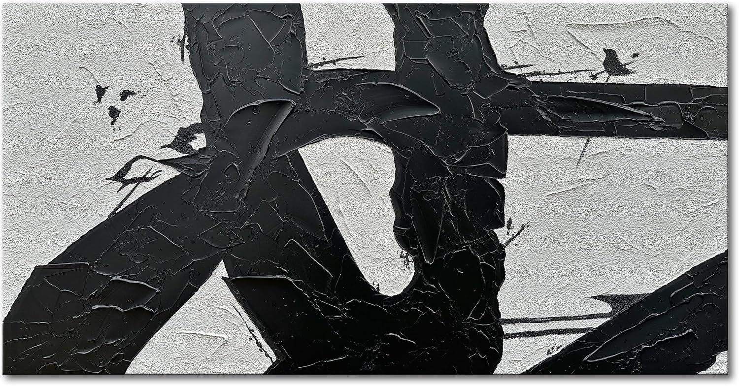 zoinart Hand Painted Large Wall Art, Black and White Textured Wall Art 30x60 Inches Modern Canvas Abstract Paintings Minimalist Artwork for Walls