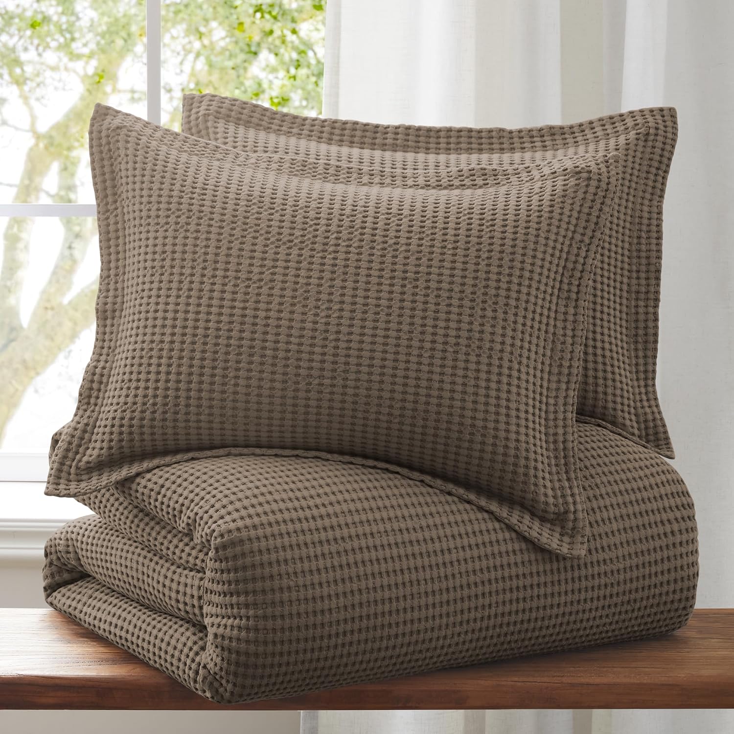 Levtex Home Mills Waffle King Duvet Cover Set (106x94in) with 2 Pillow Shams (36x20in) - Latte - Cotton King Size Duvet Cover Set - Soft, Pre-Washed