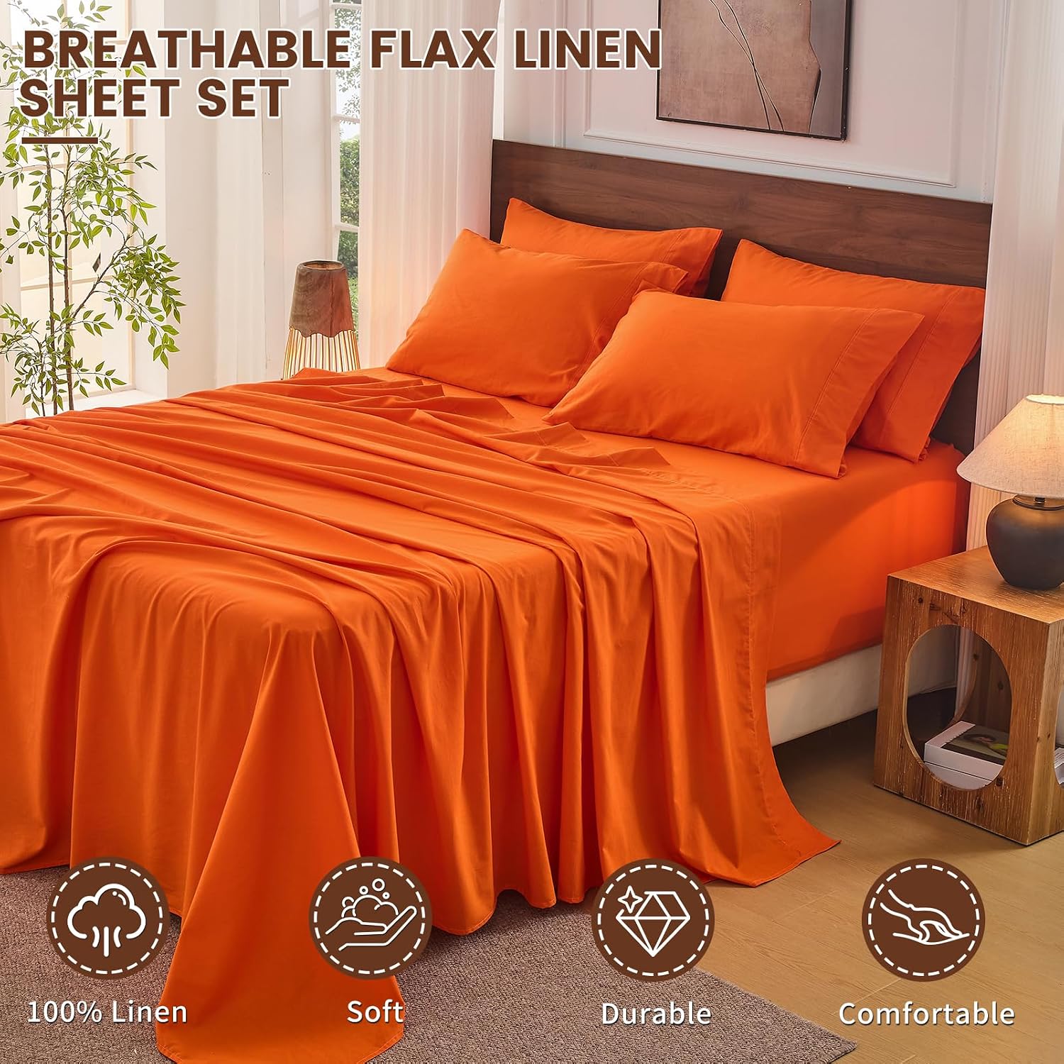 Bedlifes 100% French Flax Linen Sheets Set Queen Size - 6 Piece Extra Deep Pocket 18-24',Soft Breathable Queen Bed Sheets with Temperature Regulating & Moisture-Wicking(Orange