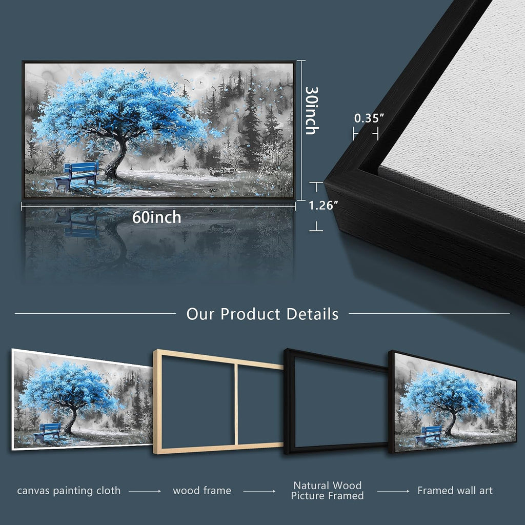 ZUITINGHUA Black Framed Canvas Wall Art For Living Room Large Wall Decor For Office Bedroom Decorations Blue Tree Landscape Pictures Black And White Paintings Artwork Aesthetic Home Decor 30x60 In
