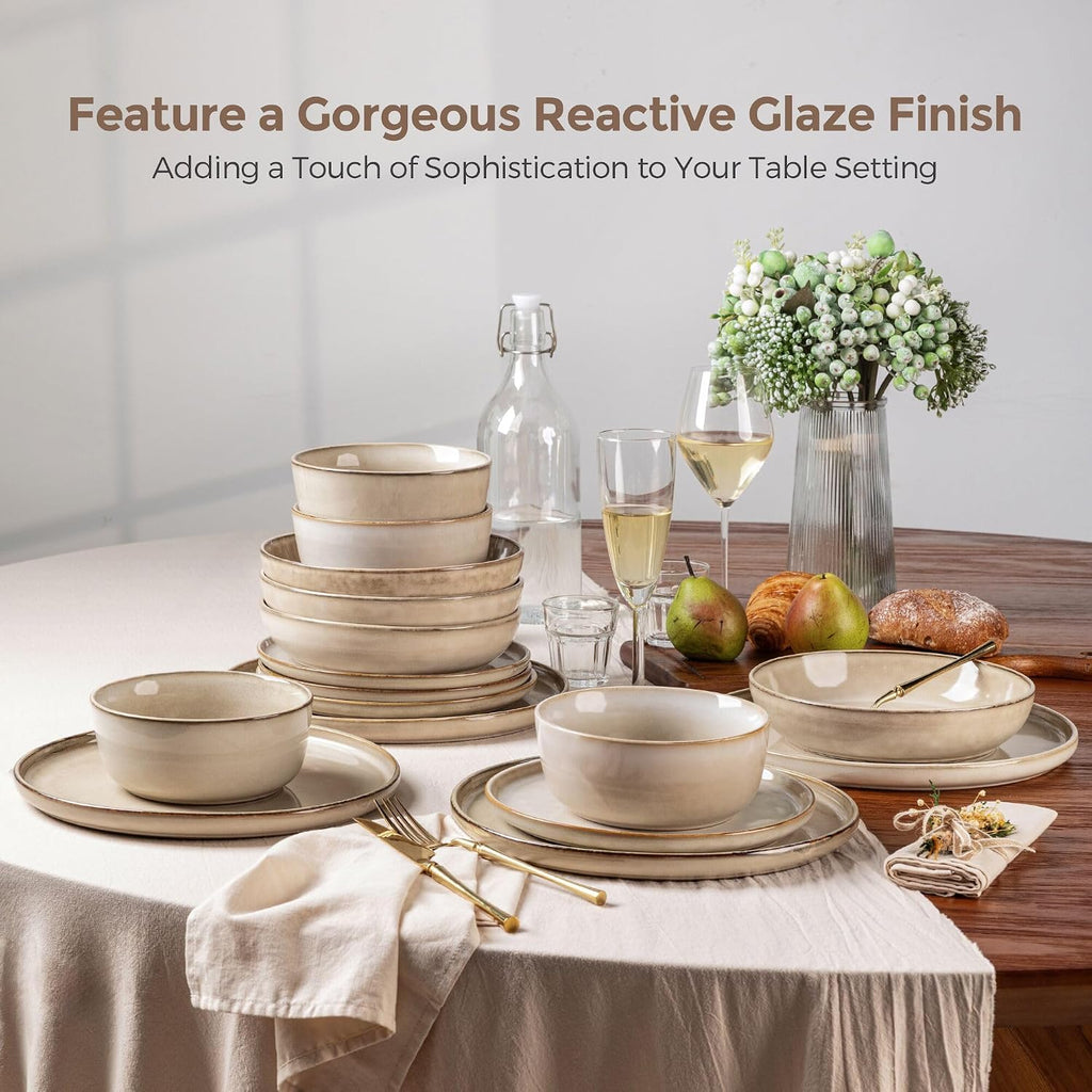 GBHOME 32 Pieces Double Bowls Ceramic Dinnerware Sets for 8, Stoneware Plates and Bowls Set with Reactive Glaze, Scratch Resistant Stoneware Dishes Set, Dishwasher & Microwave Safe