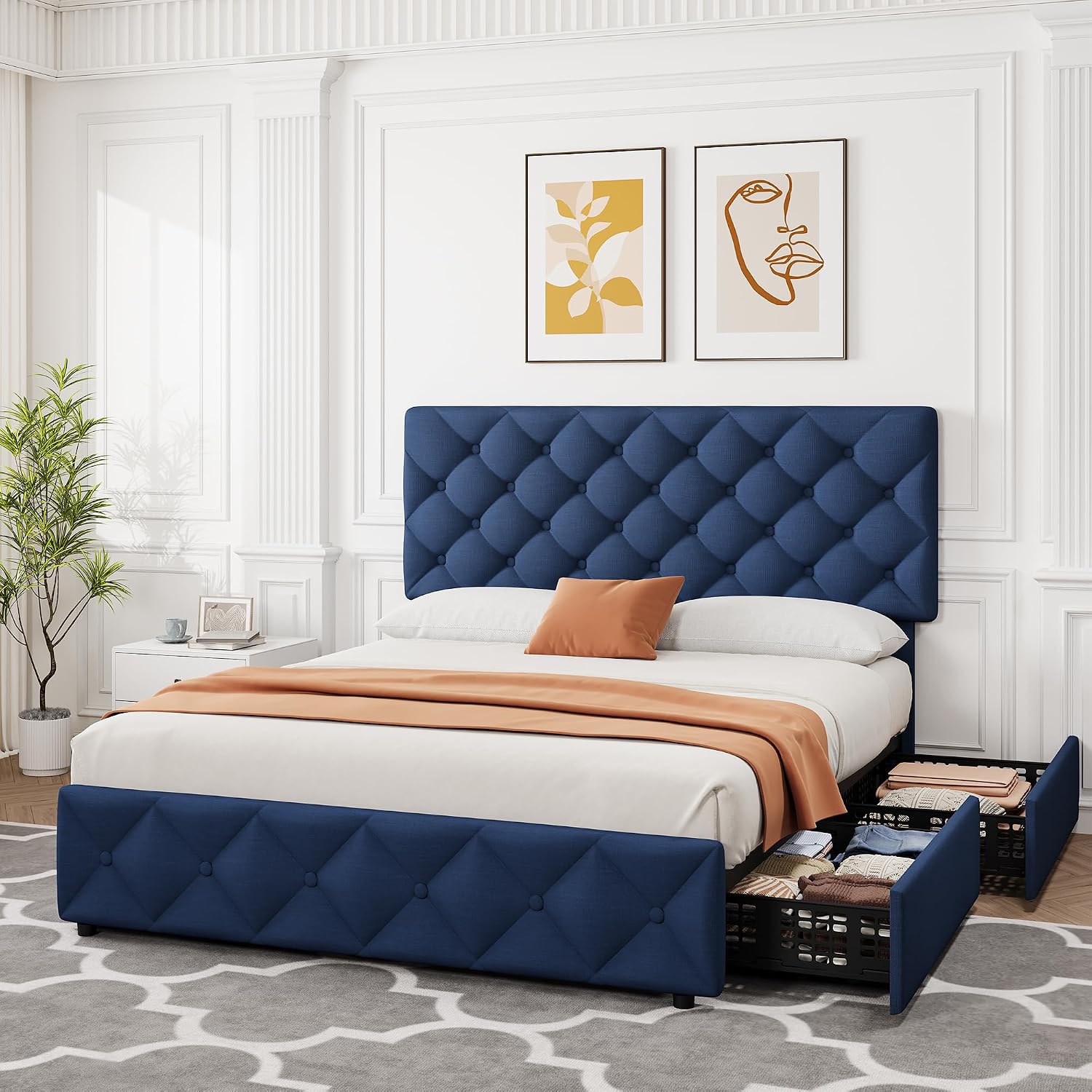 IDEALHOUSE Queen Size Bed Frame with 4 Storage Drawers and Adjustable Headboard, Linen Upholstered Platform Beds, Diamond Stitched Button Tufted, No Box Spring Needed, Blue