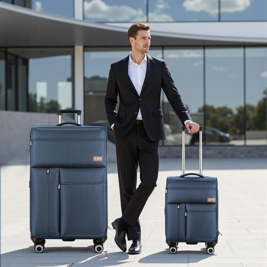 2-Piece Set Soft Shell Luggage w/Front Opening,Softside Luggage Sets w/Double Spinner Wheels &TSA LOCK,Expandable 20%,Lightweight Trolley Case,Luggage Rolling Suitcase for Men/Women（Navy,20in/30in）