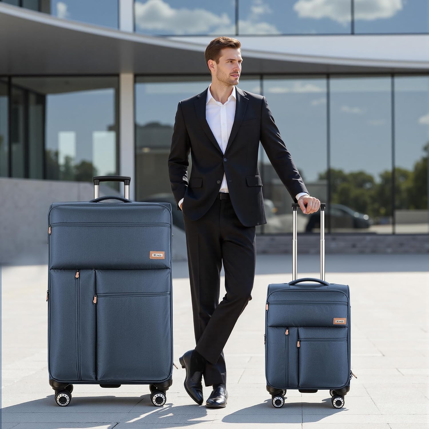 2-Piece Set Soft Shell Luggage w/Front Opening,Softside Luggage Sets w/Double Spinner Wheels &TSA LOCK,Expandable 20%,Lightweight Trolley Case,Luggage Rolling Suitcase for Men/Women（Navy,20in/30in）