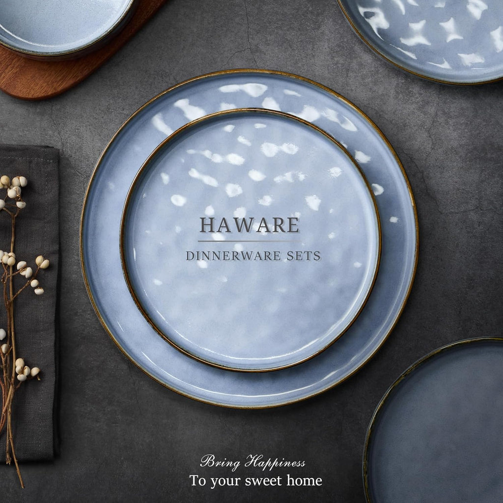 HaWare Dinnerware Sets, 16-Piece Plates and Bowls Set, Stoneware Dish Set for 4, Ceramic Dishware Set for Pasta Cereal, Chip and Scratch Resistant, Microwave and Dishwasher Safe, Reactive Blue