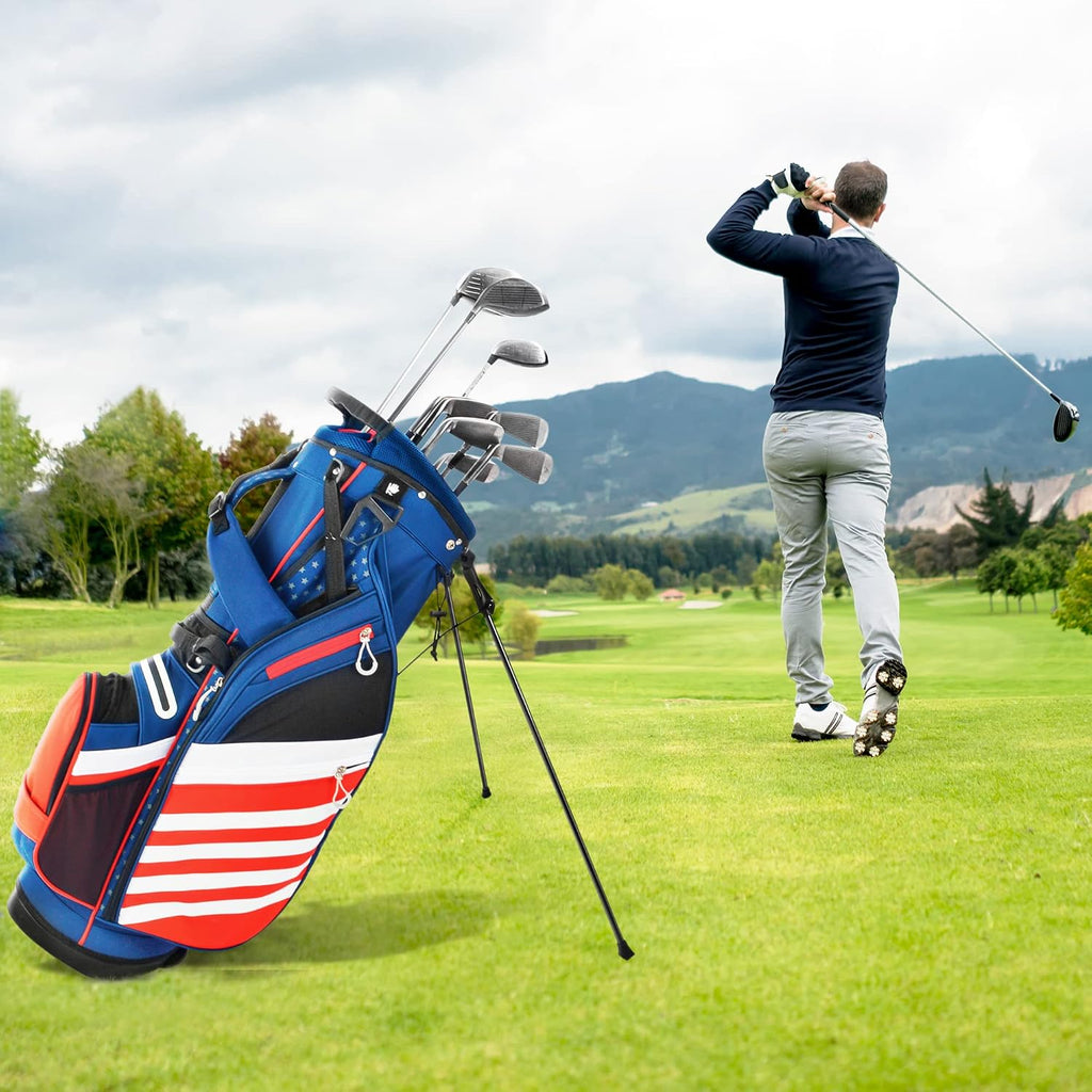 BOBOPRO Golf Stand Bag, Lightweight 14 Way Top Dividers Golf Carry Bag with 8 Pockets, USA Stars & Stripes Golf Bag for Golf Club Golf Cart for Men & Women