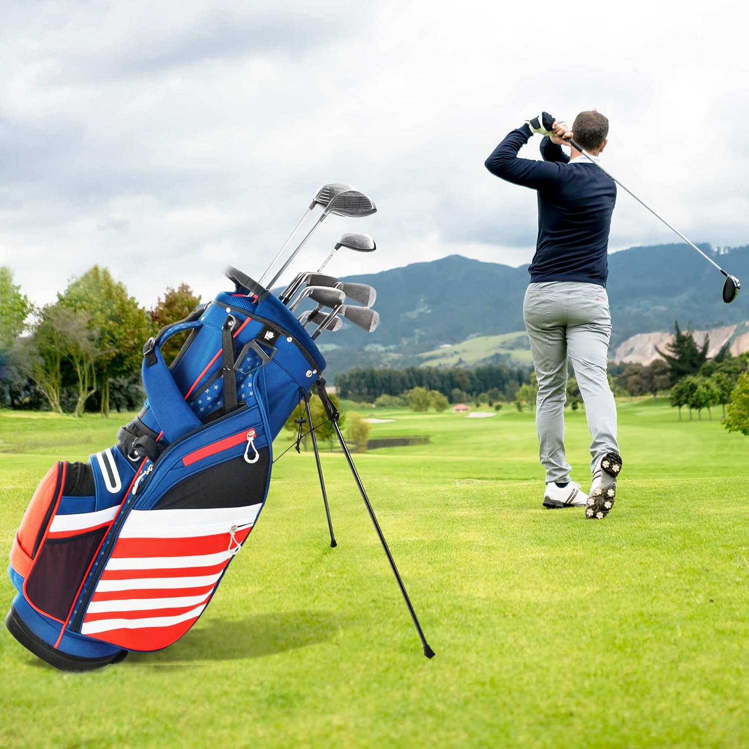 BOBOPRO Golf Stand Bag, Lightweight 14 Way Top Dividers Golf Carry Bag with 8 Pockets, USA Stars & Stripes Golf Bag for Golf Club Golf Cart for Men & Women