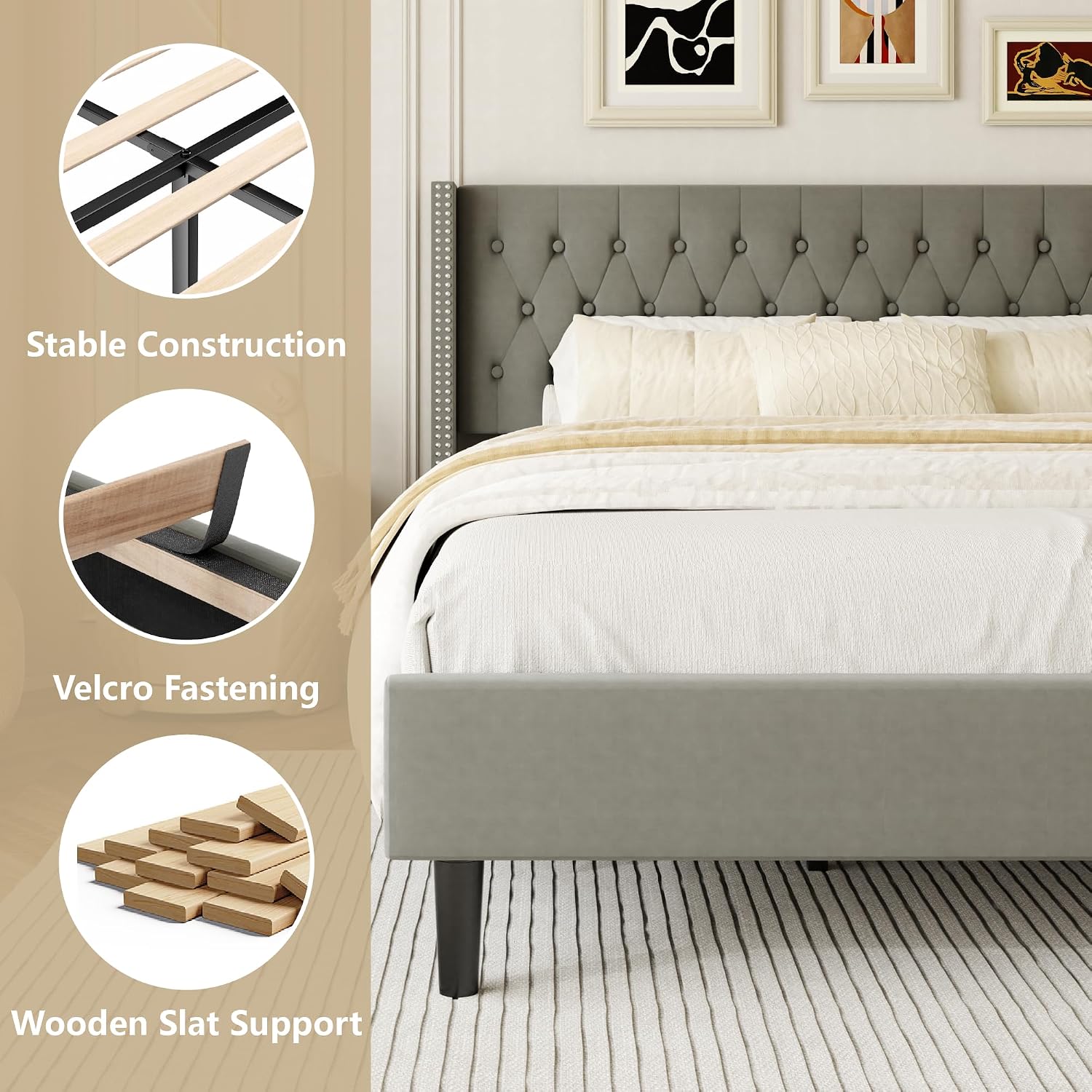 HAOARA Queen Size Bed Frame, Upholstered Platform Bed with Wingback Headboard, Velvet Button Tufted, Easy Assembly, No Box Spring Needed, Green