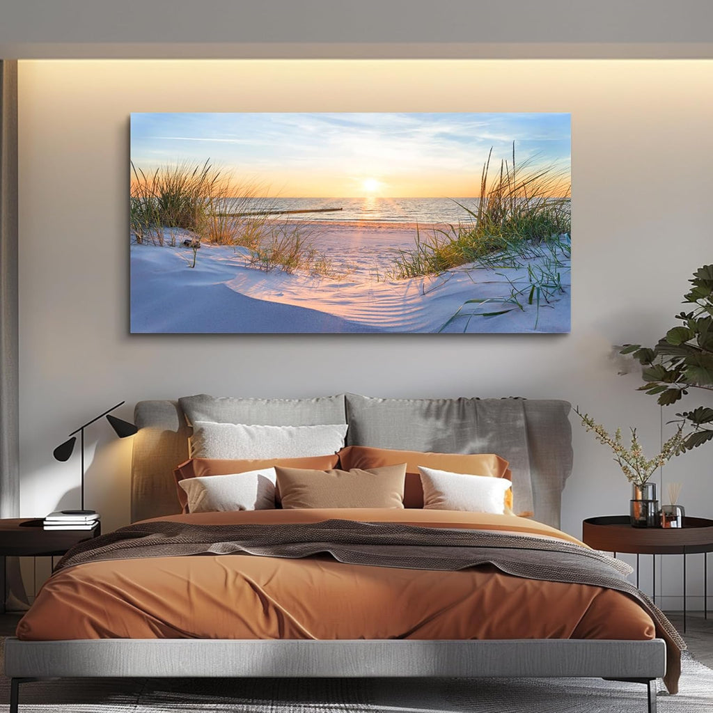 Canvas Wall Art For Living Room Super Large Size Wall Decor For Office Canvas Art Framed Pictures Artwork Blue Sun Beach Grass Ocean Landscape Paintings Bedroom Decor Seascape Draw Home Decorations