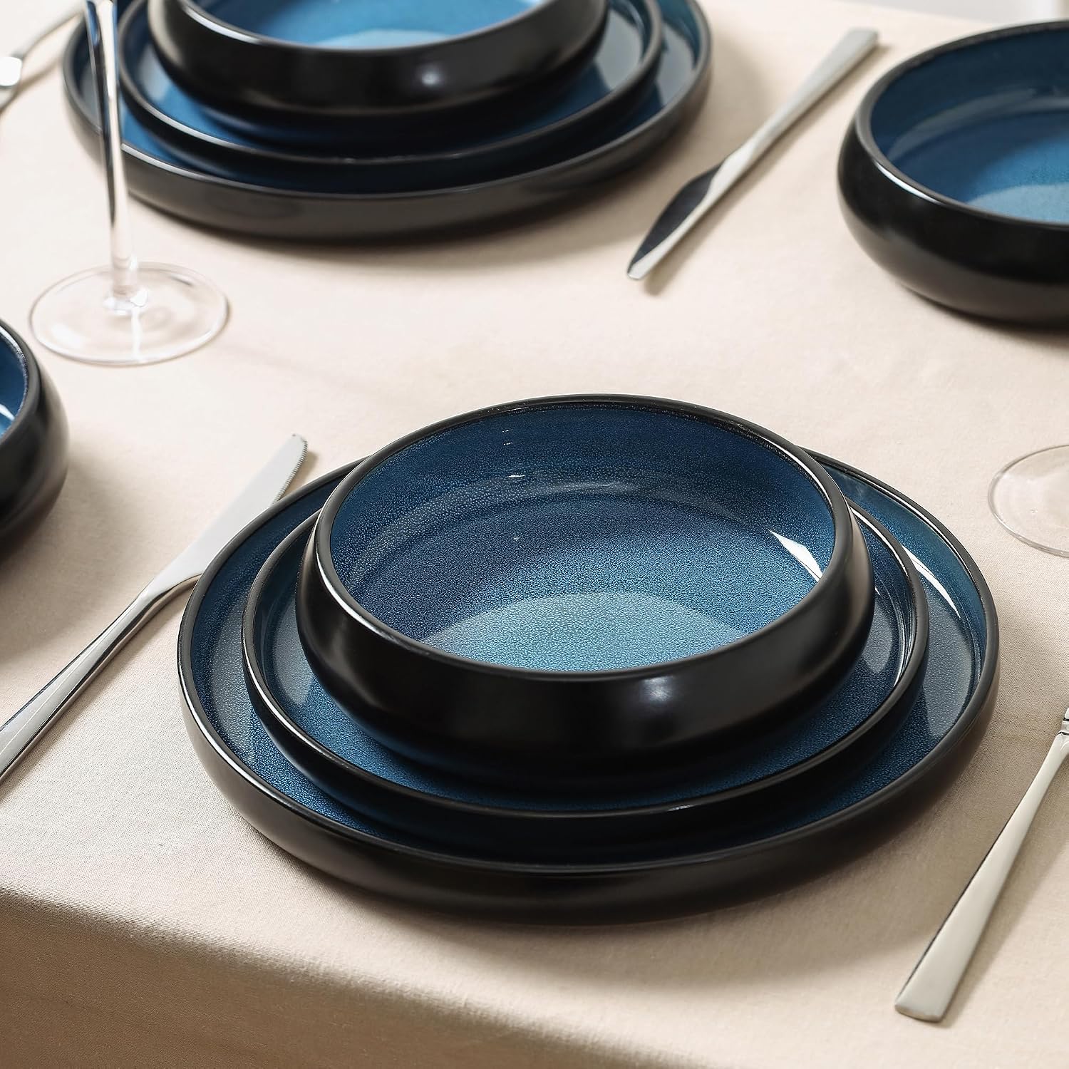 Stone Lain Lagoon 24-Piece Stoneware Dinnerware Set – Plates & Bowls Service for 8, Blue, Microwave & Dishwasher Safe, Durable Modern Ceramic Tableware for Everyday Dining & Entertaining