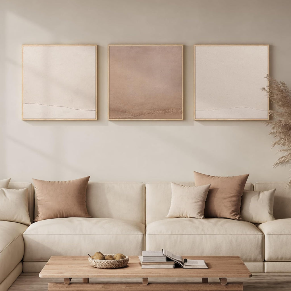 Large Framed Minimalist Abstract Wall Art for Living Room, 3 Piece Big Modern Neutral Canvas Prints Artwork for Walls, Earth Tone Pictures for Bedroom, Office Wall Decor, 24x24 Inch