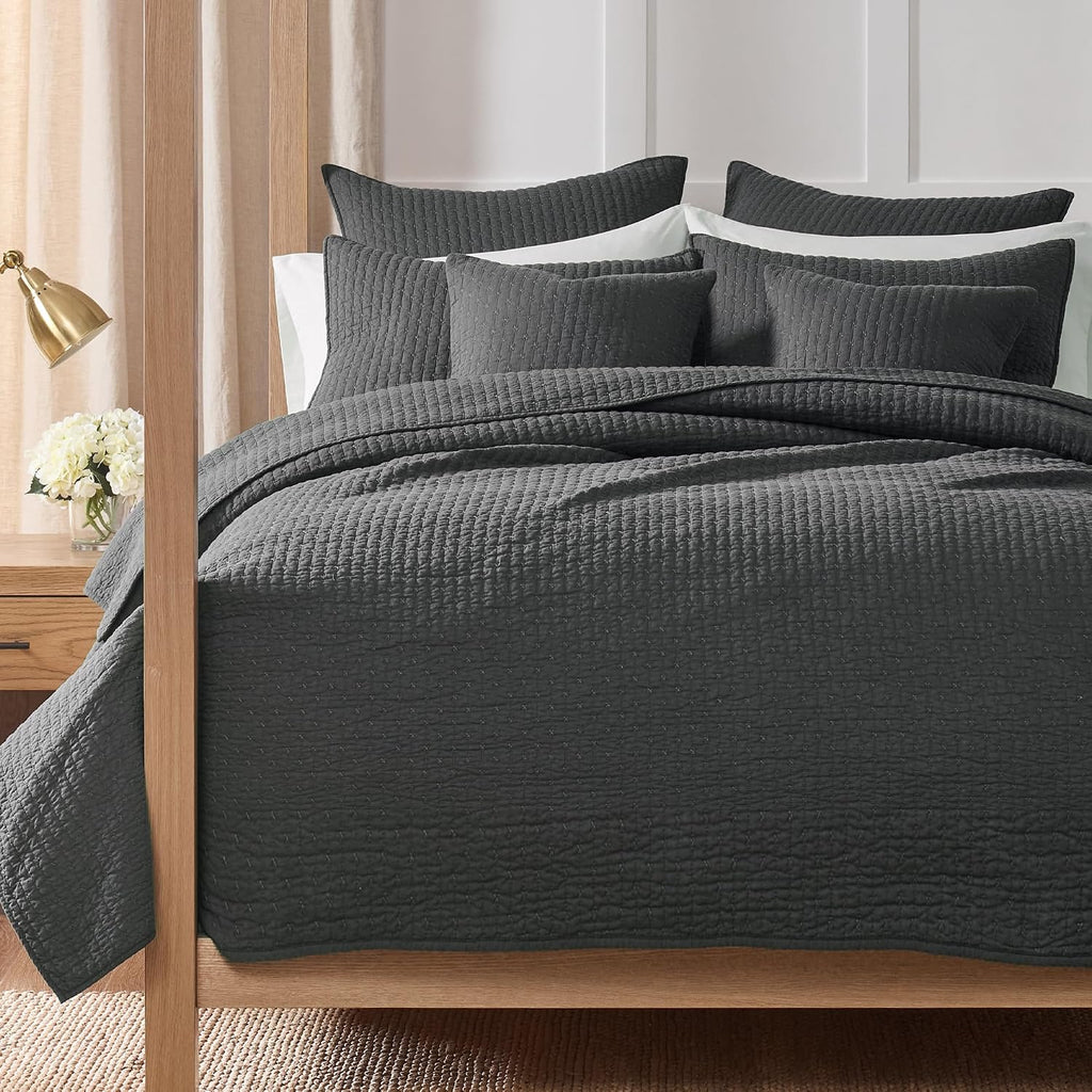 Levtex Home Cross Stitch Reversible Full/Queen Quilt Set (88x92in) with 2 Pillow Shams (26x20in) - Stitch Texture - Charcoal - Cotton Full/Queen Size Quilt Bedding Set - Lightweight, Soft, Pre-Washed