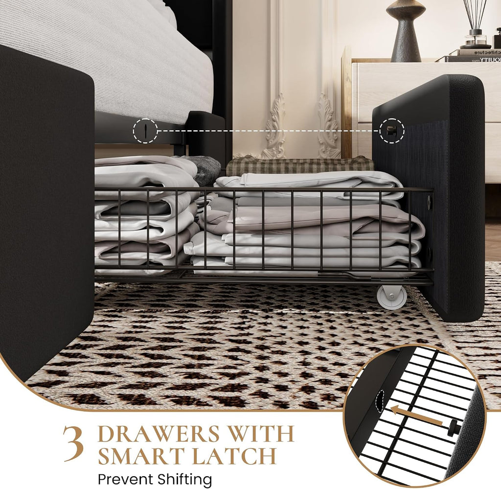 SHA CERLIN Full Size Bed Frame with 3 Drawers, USB & Type-C Charging Ports, Velvet Upholstered Platform Bed with Modern Geometric Wingback Storage Headboard, No Box Spring Needed, Easy Assembly, Black
