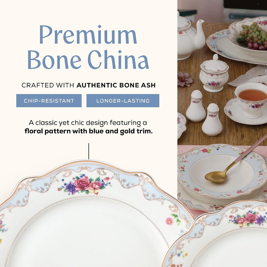 Joseph Sedgh Collection 'Romantic Bloom' 57-Piece Bone China Dinnerware Set, Service for 8, Floral with Blue and Gold Trim