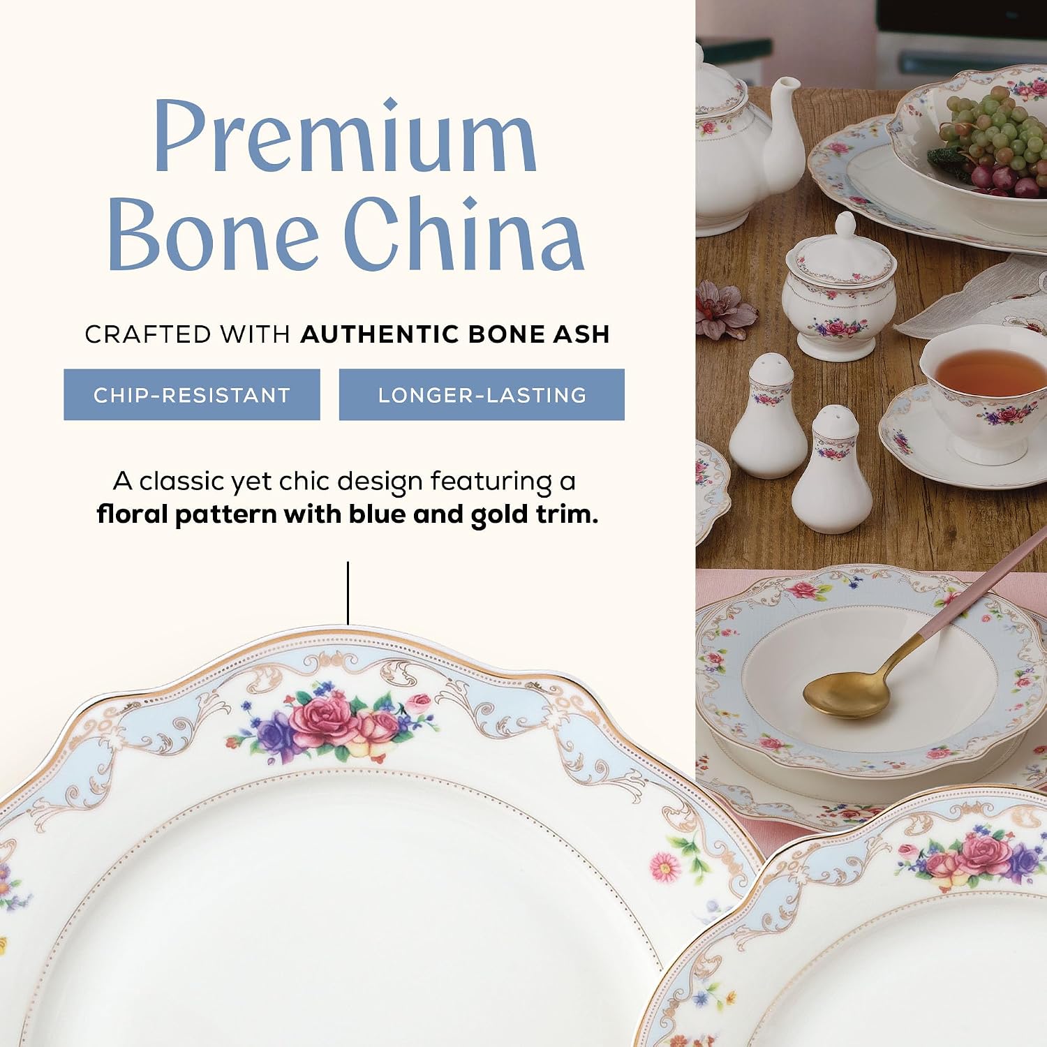 Joseph Sedgh Collection 'Romantic Bloom' 57-Piece Bone China Dinnerware Set, Service for 8, Floral with Blue and Gold Trim