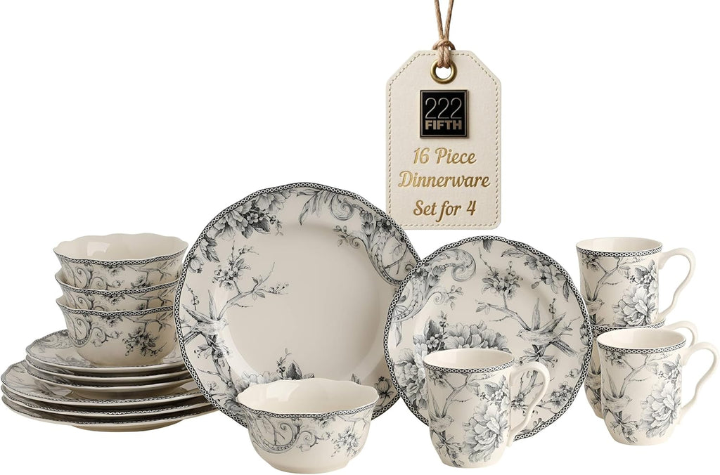 222 Fifth Adelaide 16-Piece Casual Grey Porcelain Dinnerware Set – Service for 4, Classic Toile Bird & Floral Design, Microwave & Dishwasher Safe, for Everyday Dining & Entertainment