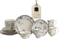 222 Fifth Adelaide 16-Piece Casual Grey Porcelain Dinnerware Set – Service for 4, Classic Toile Bird & Floral Design, Microwave & Dishwasher Safe, for Everyday Dining & Entertainment