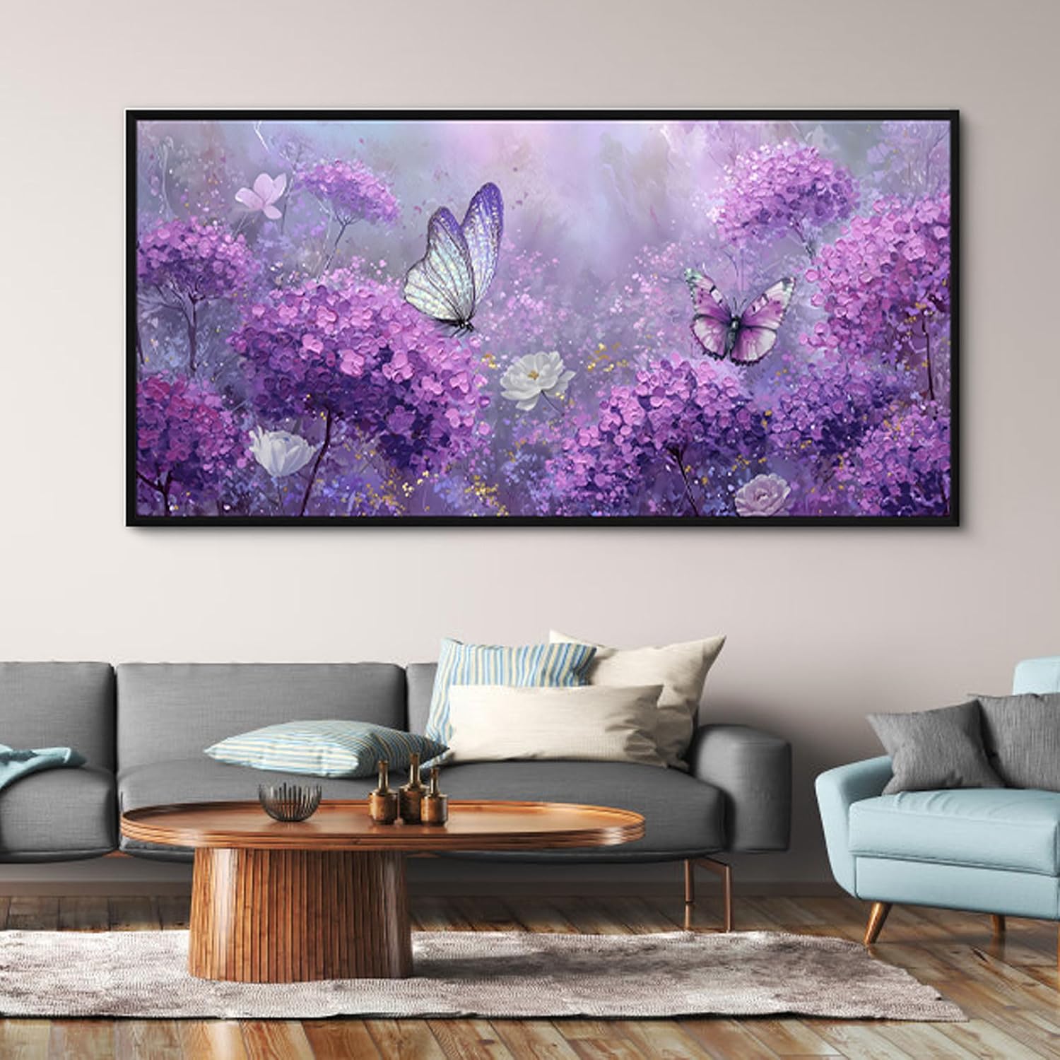yiijeah Purple Wall Art Bedroom Canvas Lavender Bathroom Decor Butterfly Picture Items for Women Framed Artwork Print 58x29 Inches